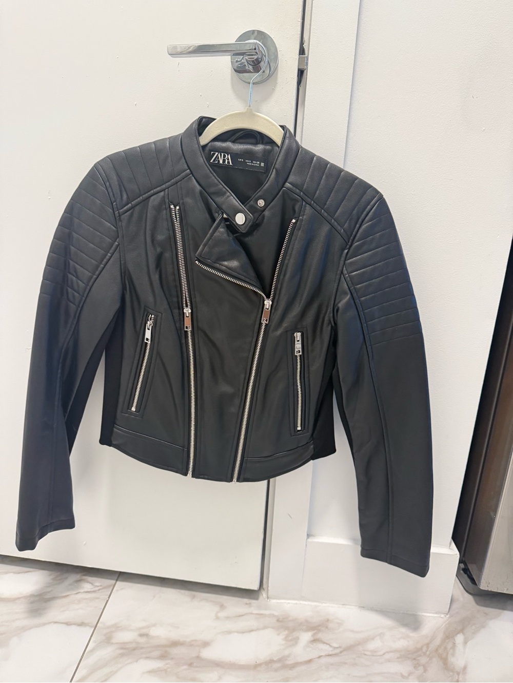 Zara Black Quilted-Sleeve Moto Leather Jacket
